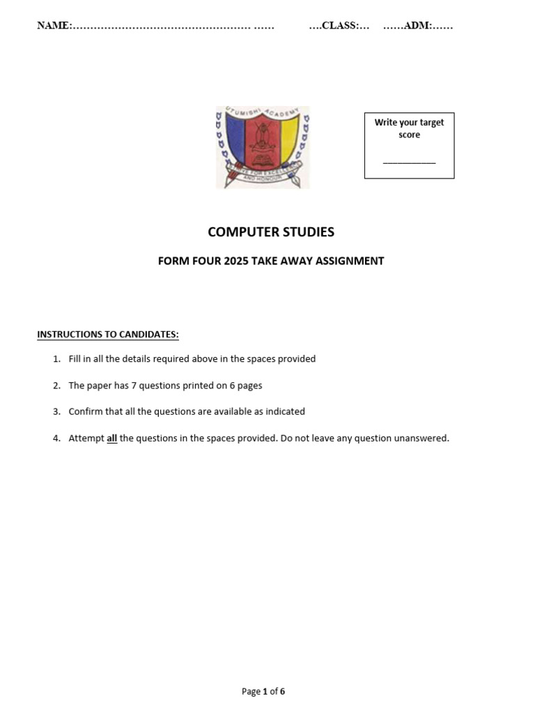 Form Four Computer Studies Assignment 2025 | PDF | Algorithms ...