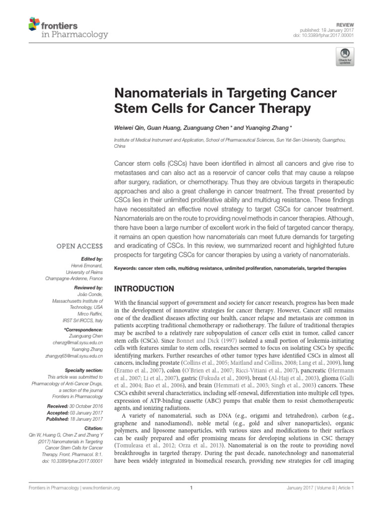 Nanomaterials in Targeting Cancer Stem Cells For Cancer Therapy | PDF ...