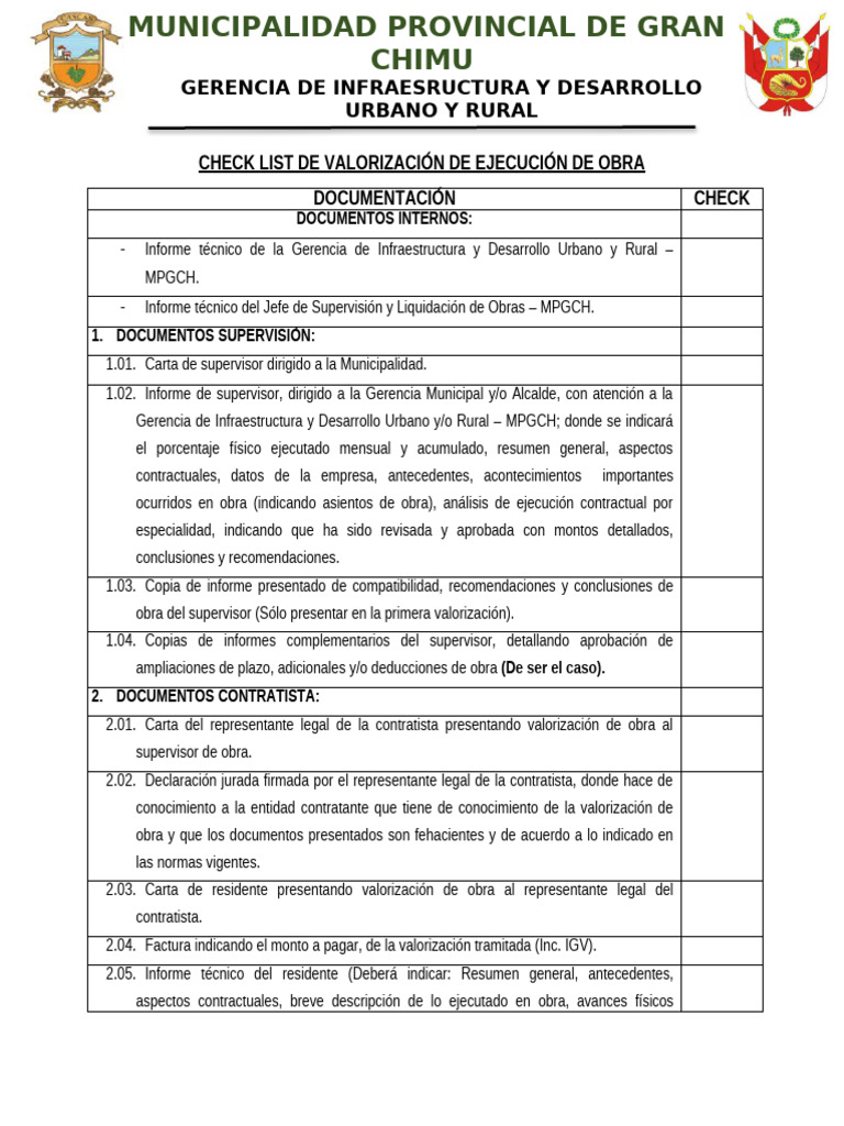 Check List para Valorización de Obras | PDF | Business | Contabilidad