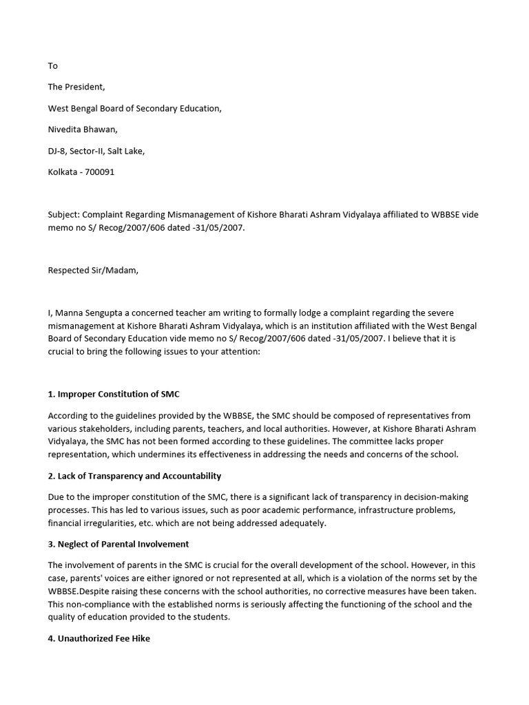 Complaint to WBBSE | PDF | Teachers | Employment