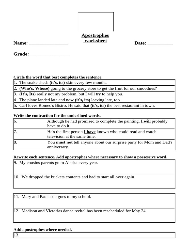 Apostrophe Usage Practice Worksheet | PDF