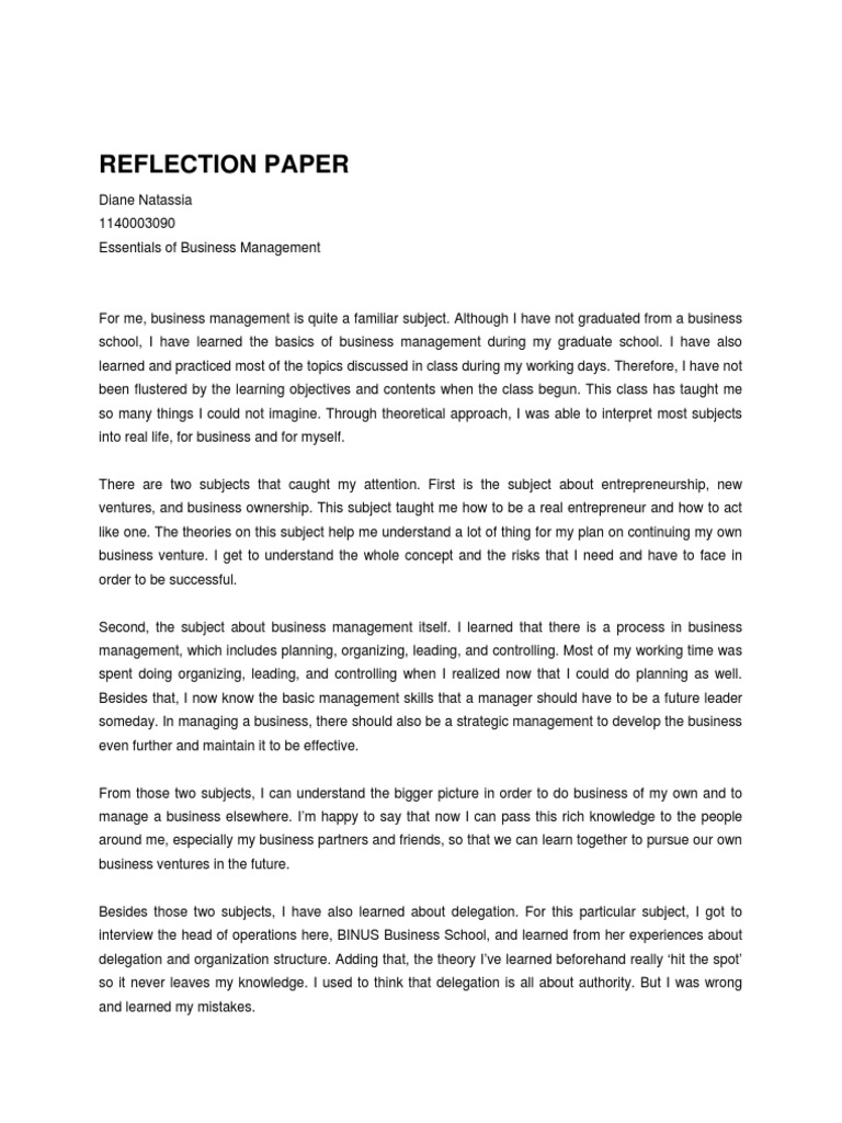 reflection paper in business plan