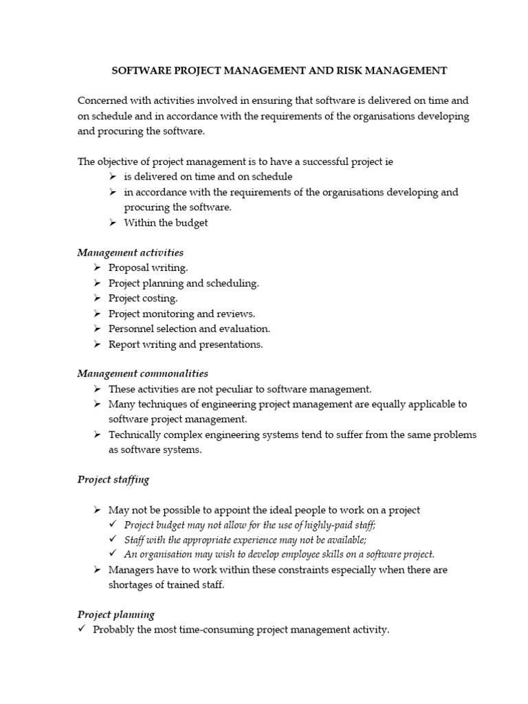 Lecture 12 Software Project Managementand and Risk Management Notes ...