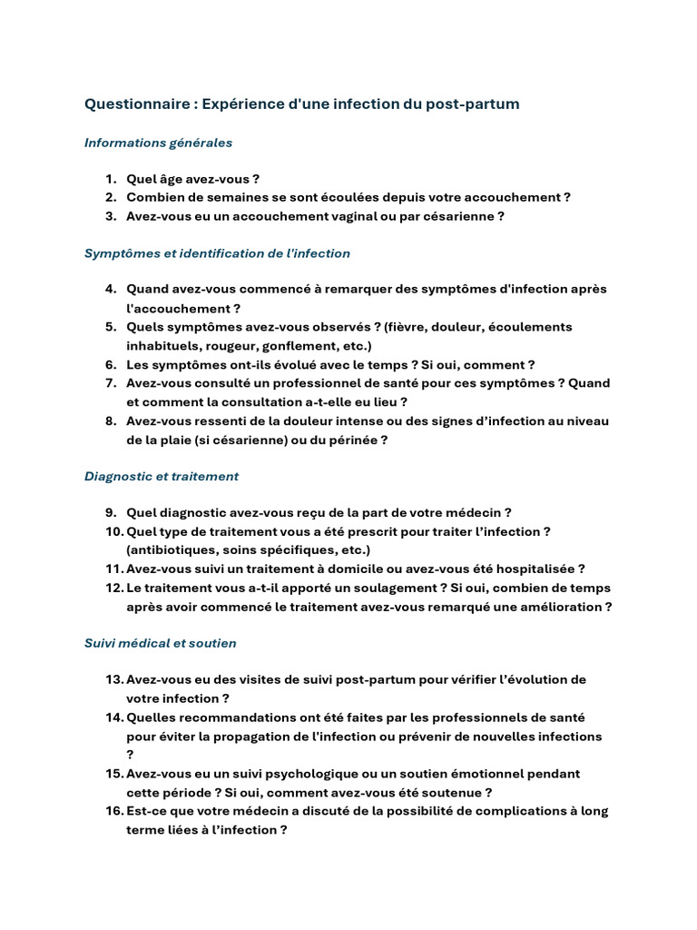 Questionnaire sur l'infection post-partum | PDF | Post-partum ...