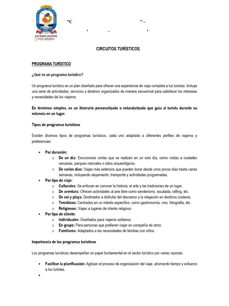 Ficha N 2 Circuitos Turisticos Programa Paquete e Inclusive Tours | PDF ...