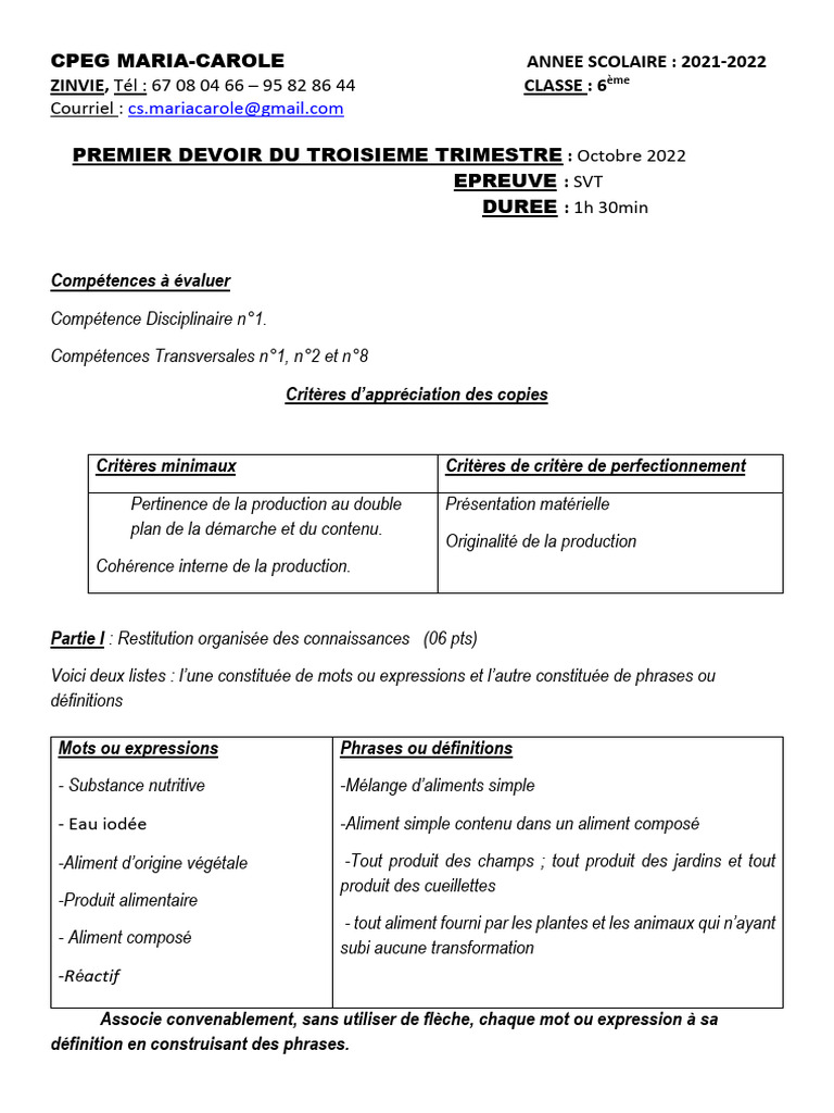 Évaluation SVT : Alimentation 6ème | PDF | Nourritures