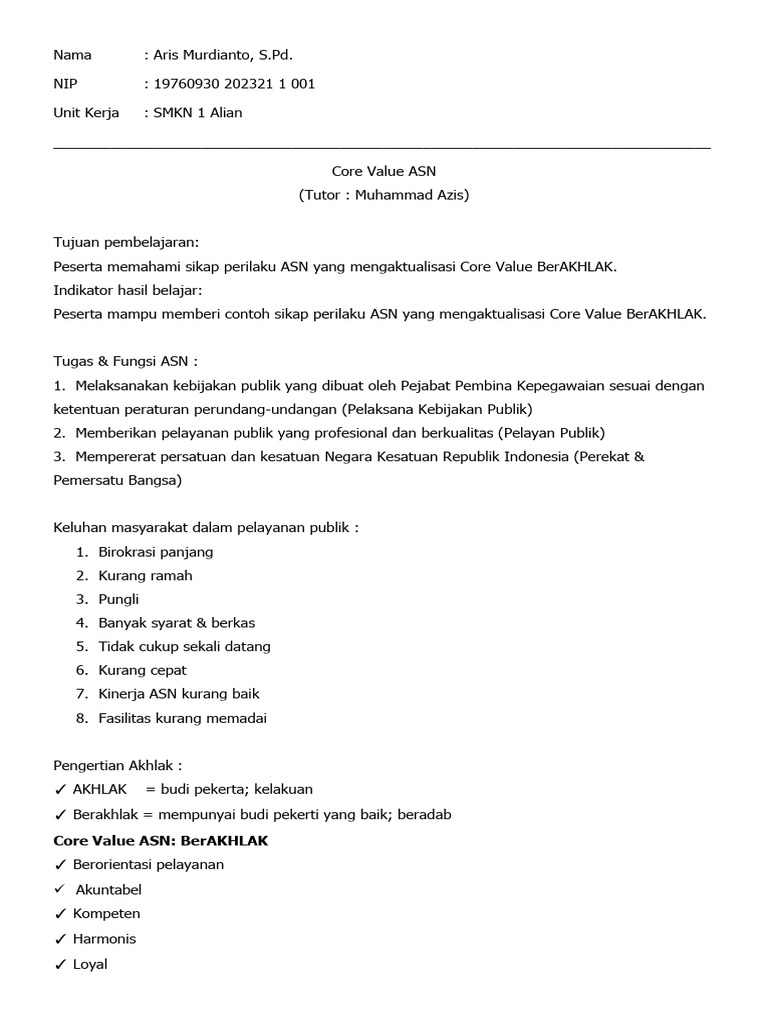 Core Value ASN: BerAKHLAK dan Implementasinya | PDF