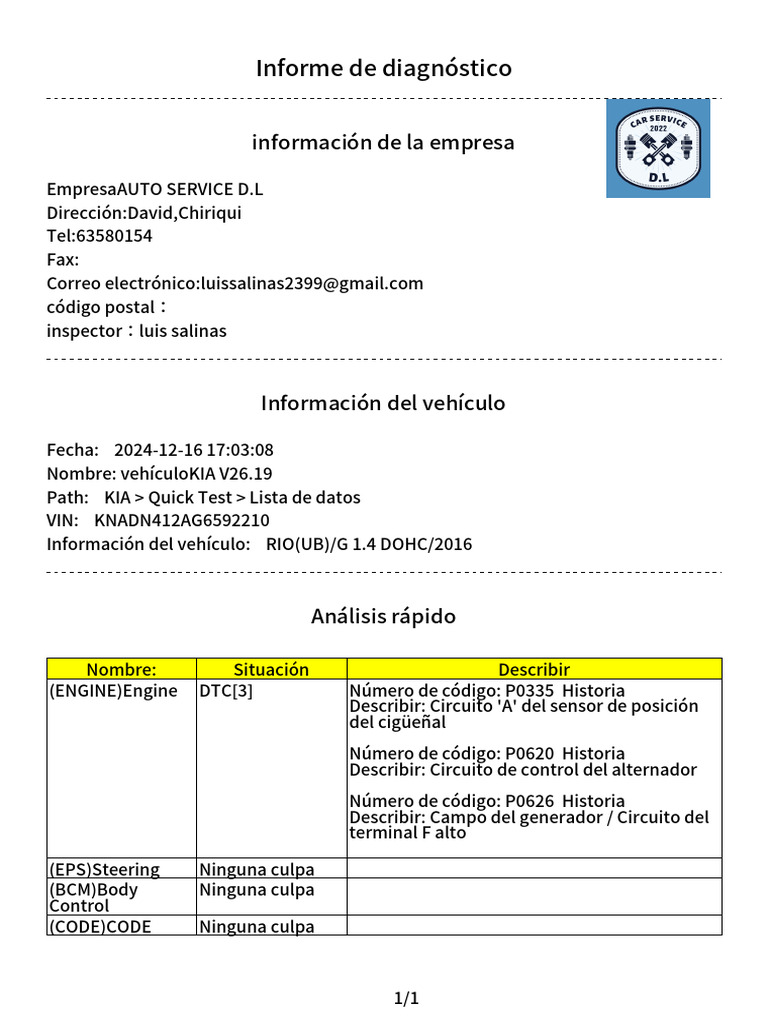 Diagnóstico de Vehículo KIA 2016 | PDF