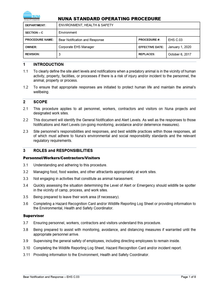 Bear Notification & Response SOP EHS C.03 | PDF | Occupational Safety ...