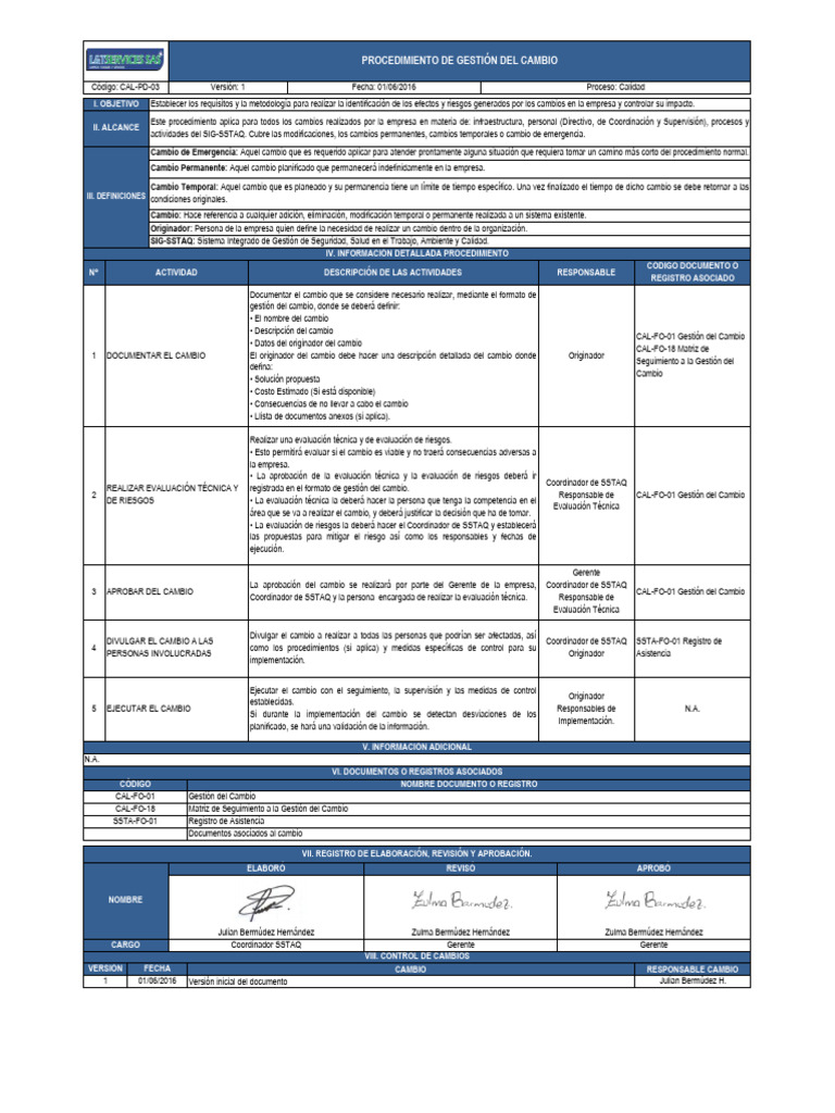 CAL-PD-03 V1 PD Gestión Del Cambio | PDF | Business | Evaluación