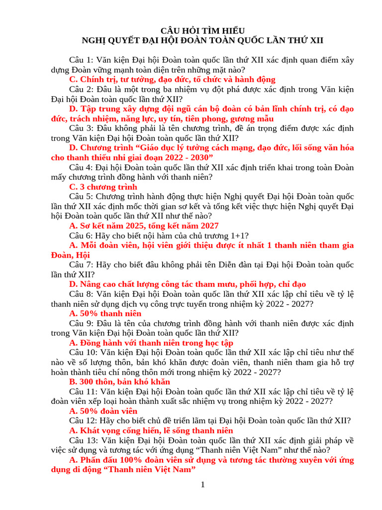 Dap An Cau Hoi NQDH Doan XII | PDF