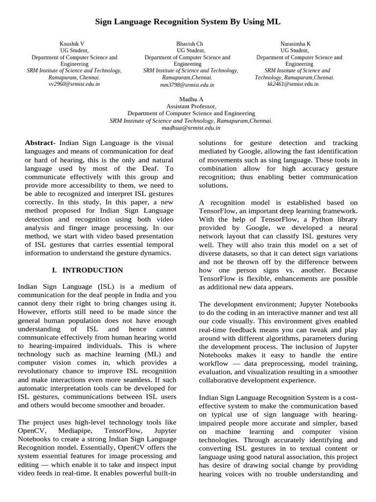 Indian Sign Language Recognition System | PDF | Machine Learning | Sign ...