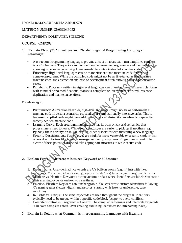 CMP202 ASS | PDF | Reserved Word | Computer Programming