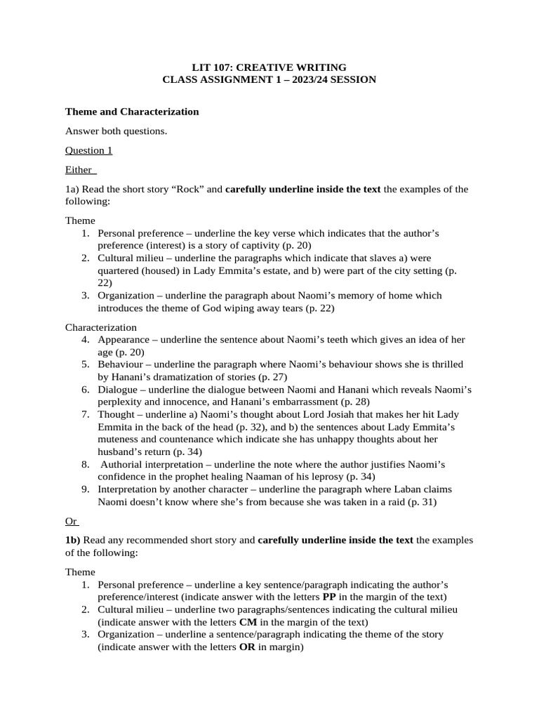 Creative Writing: Theme & Characterization Assignment | PDF
