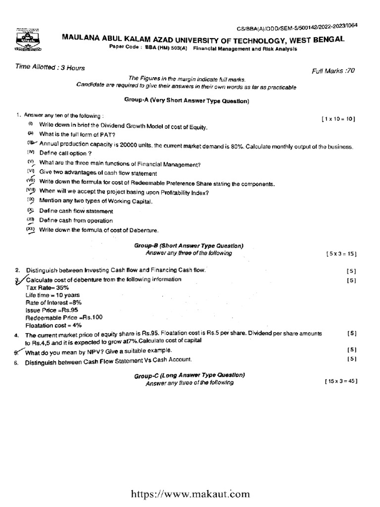 Bba 5 Sem Financial Management and Risk Analysis Bba HM 503 A 2023 | PDF