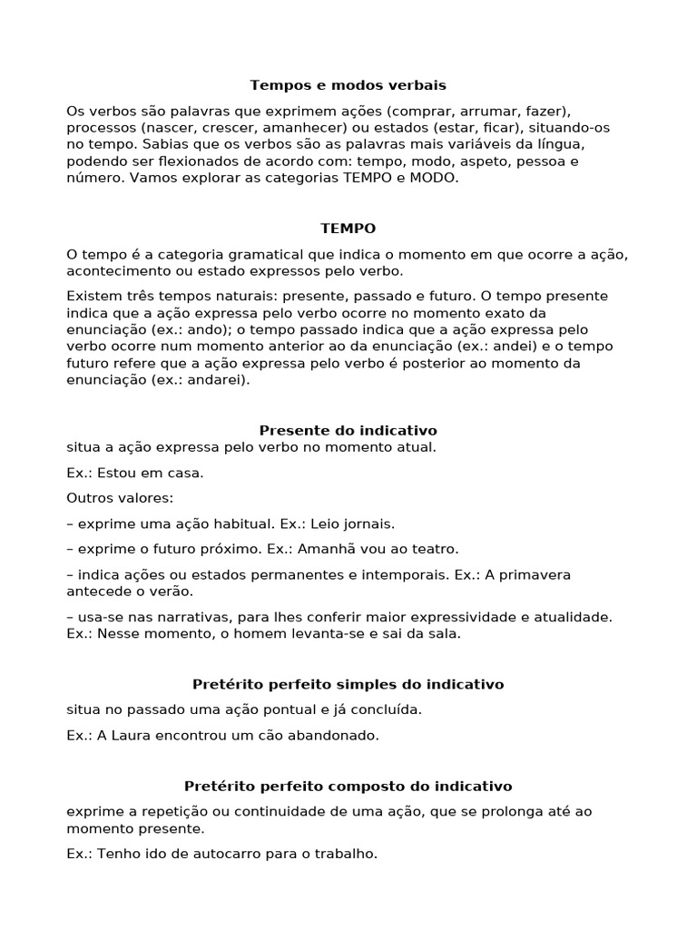 Tempos e Modos Verbais em Português | PDF | Gramática | Morfologia ...