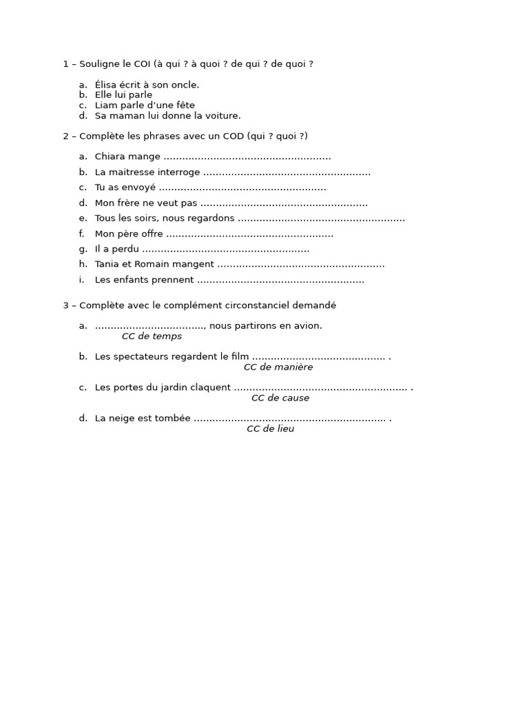 Exercice COD/COI CM2 avec corrections | PDF