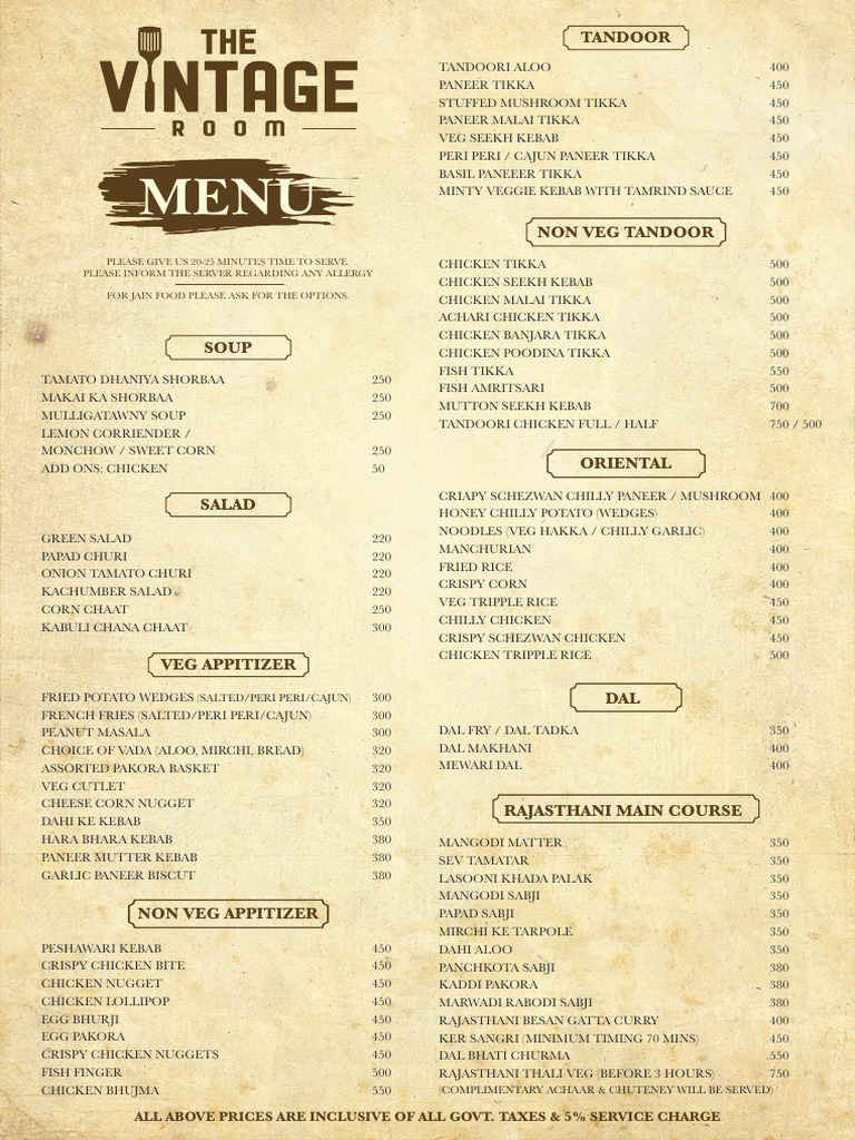 Vintage Room Menu PDF Indian Cuisine Desi Cuisine