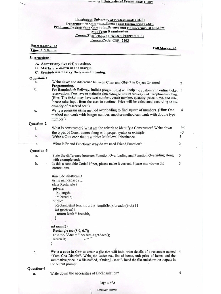 CSE 1 2.1 Mid Term Question | PDF
