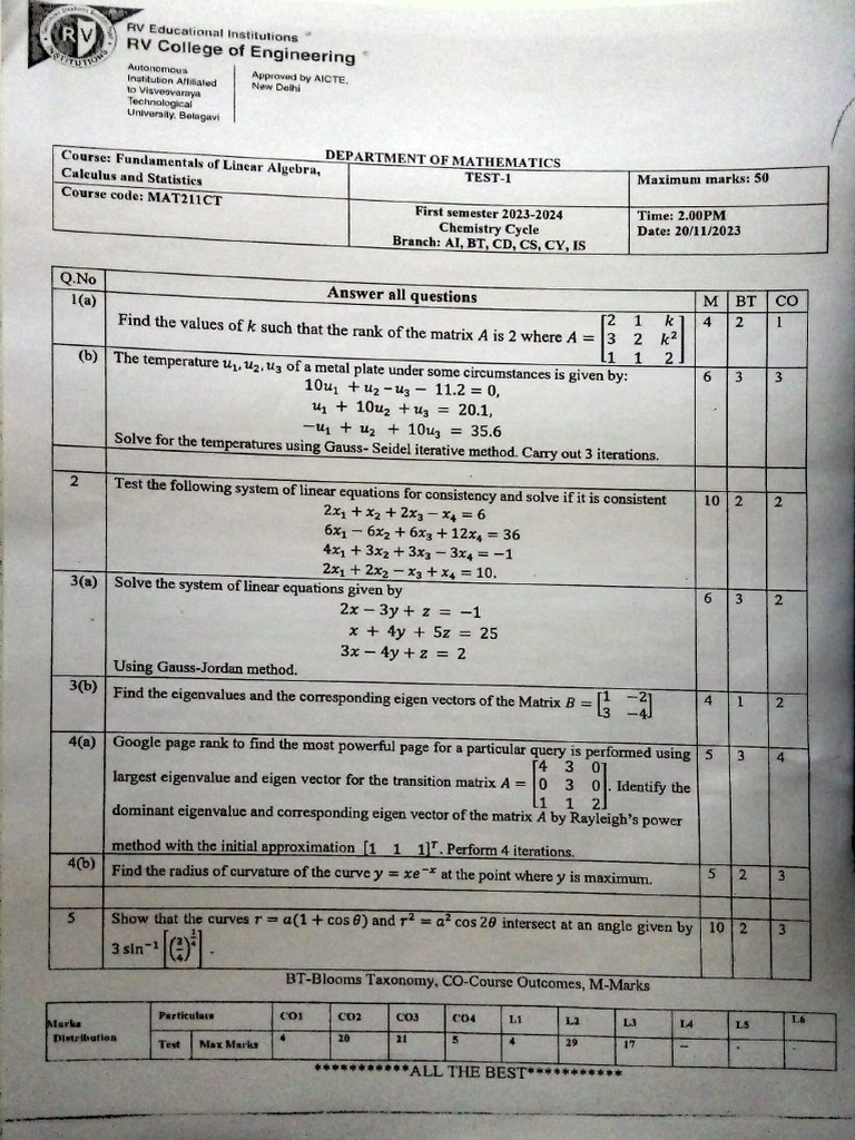 Linear Algebra and Calculus Test 2023 | PDF | Eigenvalues And ...