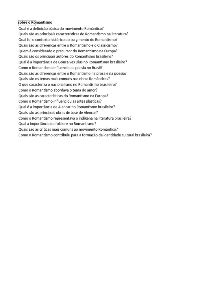 Questões sobre o Romantismo | PDF