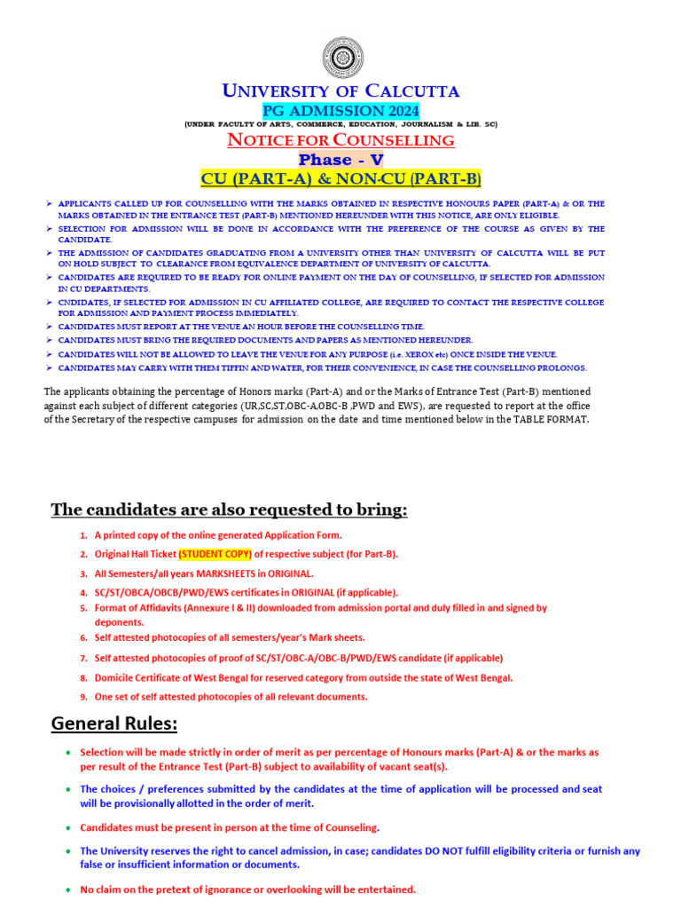 Counselling Notice For PG Admission 2024 After De-Reservation (Phase ...