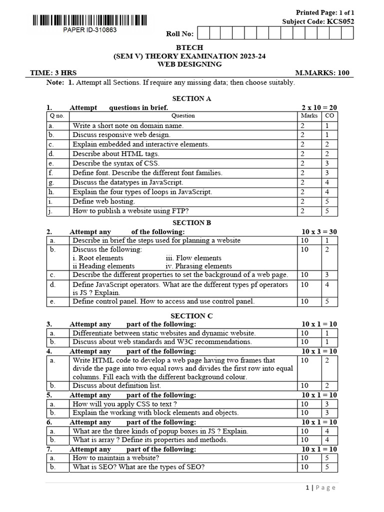 Web Designing Exam Paper 2023-24 | PDF | World Wide Web | Internet & Web