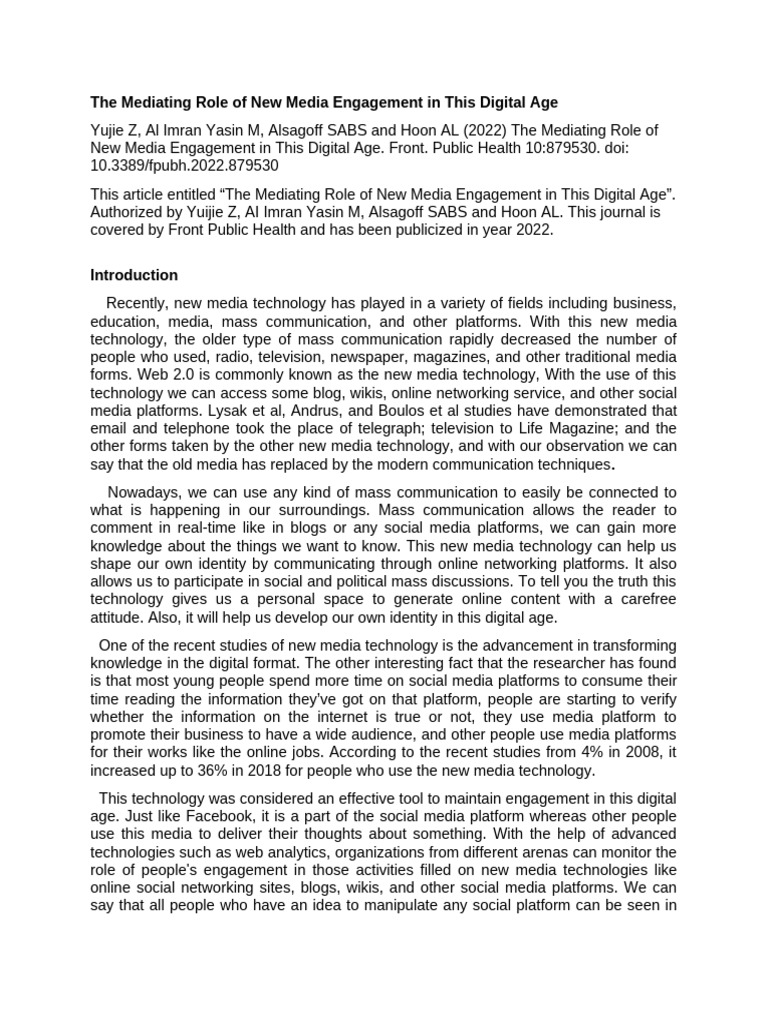 The Mediating Role of New Media Engagement in This Digital Age | PDF ...