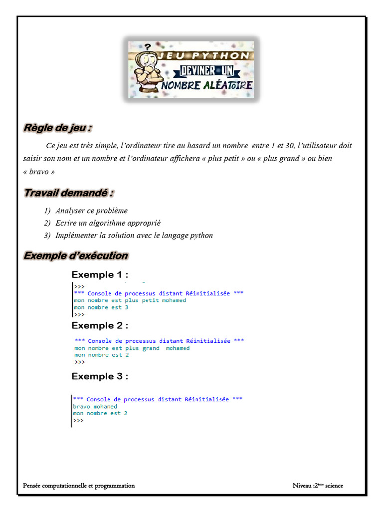 Jeu de nombres en Python pour 2ème science | PDF
