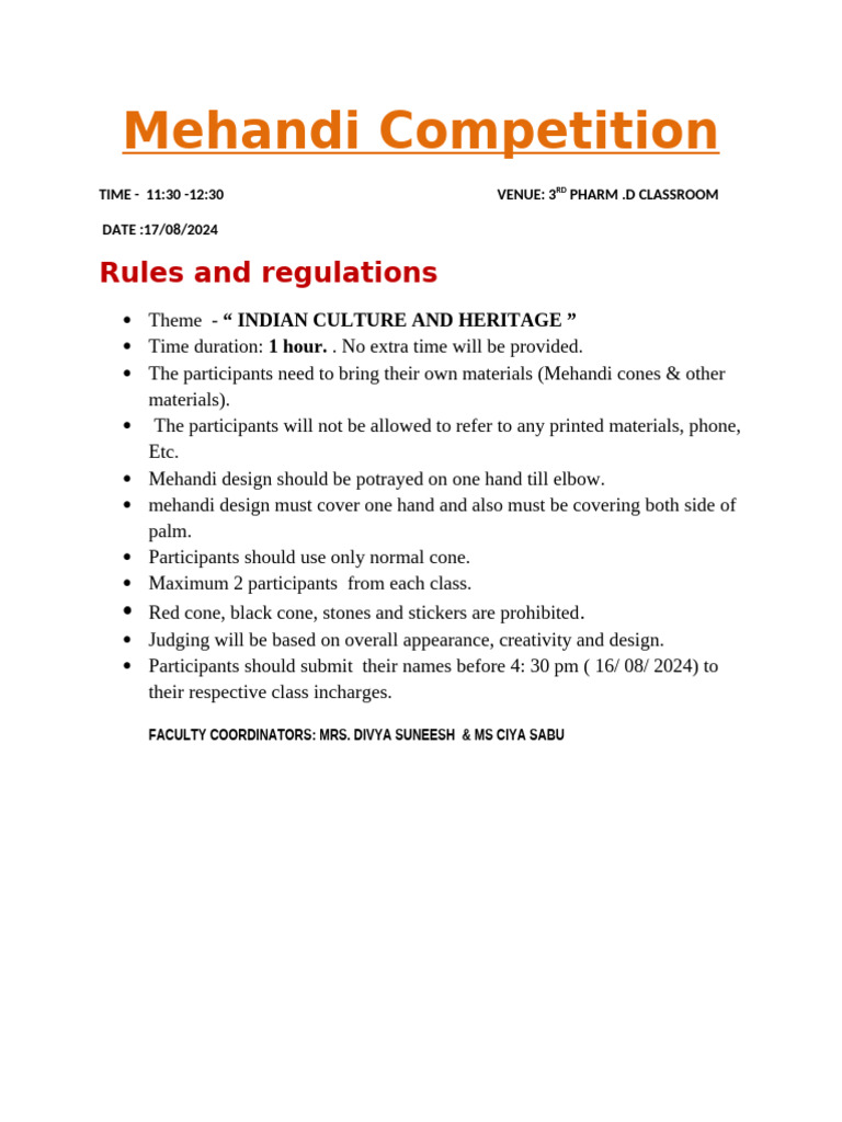 Mehandi Competition: Indian Culture Theme | PDF