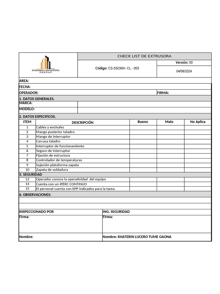 Ocs-For-022 Check List de Extrusora | PDF
