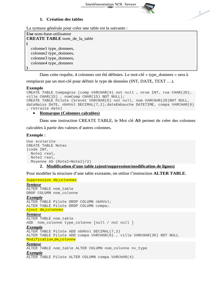 Cours 5 Création Des Tables SQL Server | PDF | Microsoft SQL Server | SQL