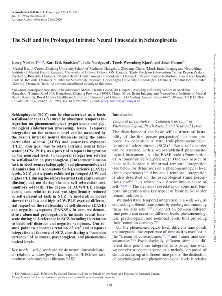 The Self and Its Prolonged Intrinsic Neural Timescale in Schizophrenia ...