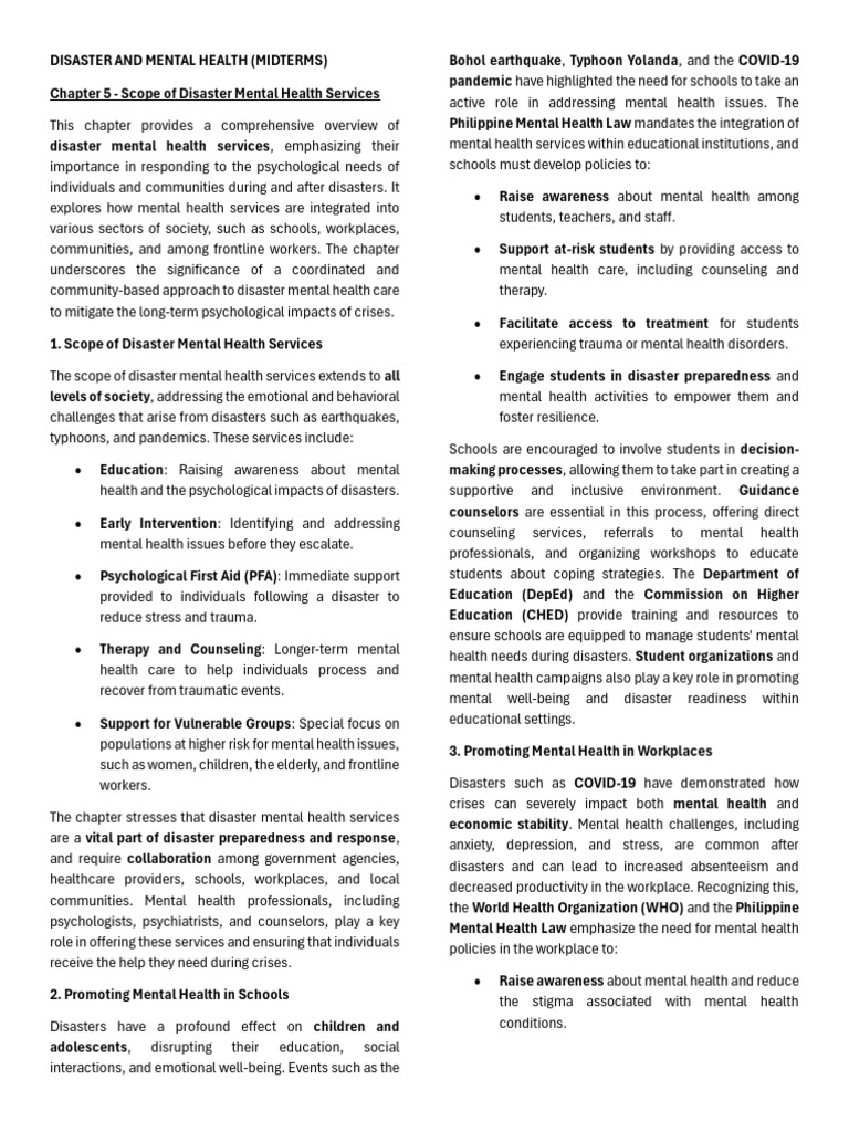Dmh Midterm Reviewer | PDF | Mental Health | Emergency Management