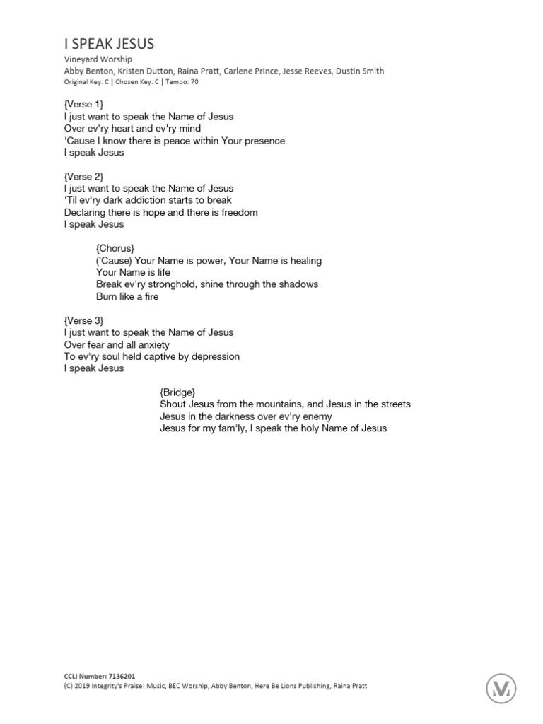 I Speak Jesus Lyrics PDF