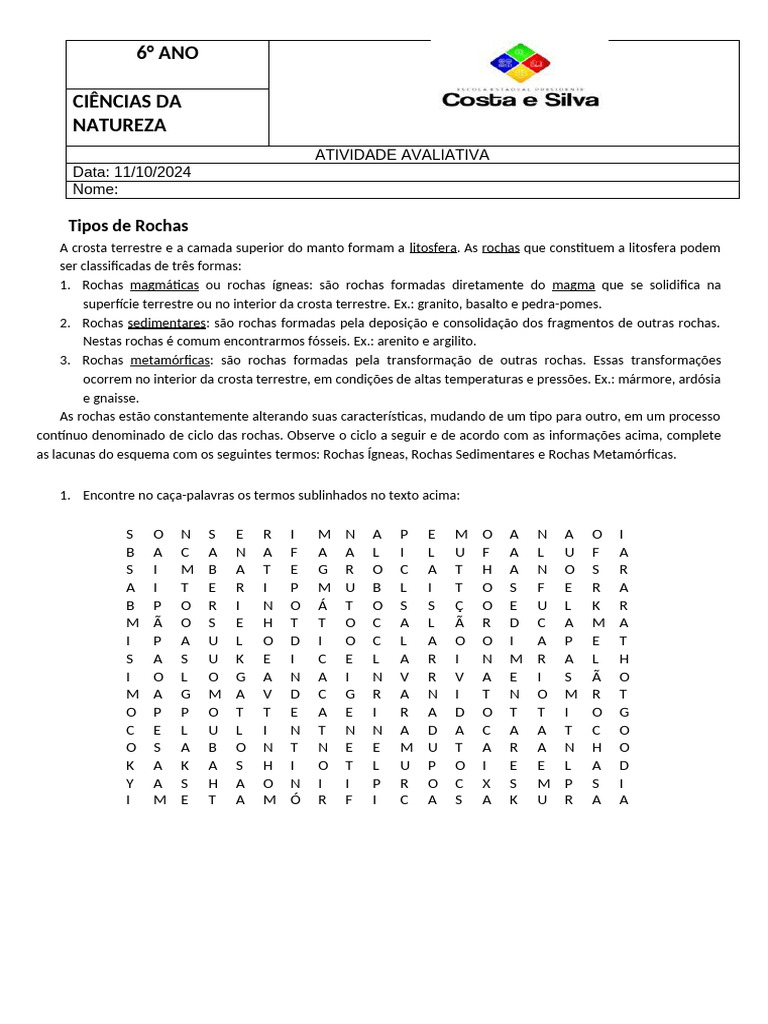 Atividades sobre Tipos de Rochas 6º Ano | PDF | Rochas (Geologia ...