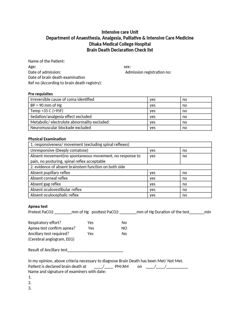 Brain Death Declaration Checklist | PDF