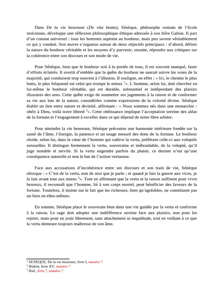 Sénèque La quête du bonheur véritable PDF Bonheur — free download