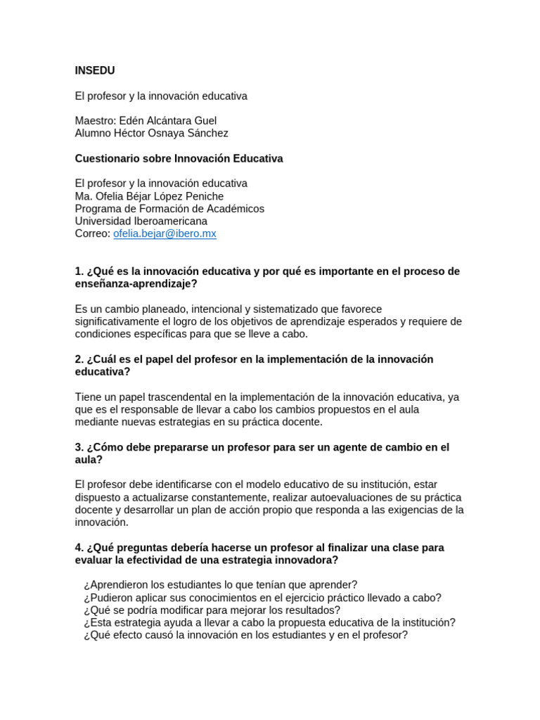 INSEDU Cuestionario Sobre Innovación Educativa HECTOR OSNAYA | PDF ...