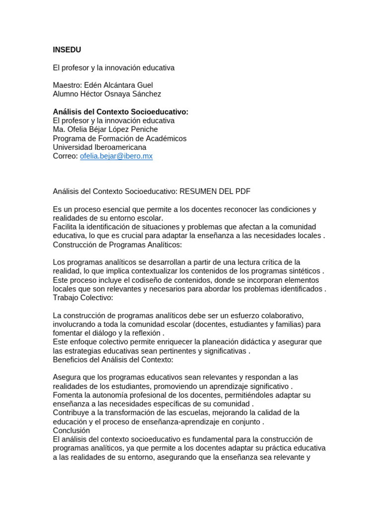 INSEDU Análisis Del Contexto Socioeducativo RESUMEN DEL PDF | PDF