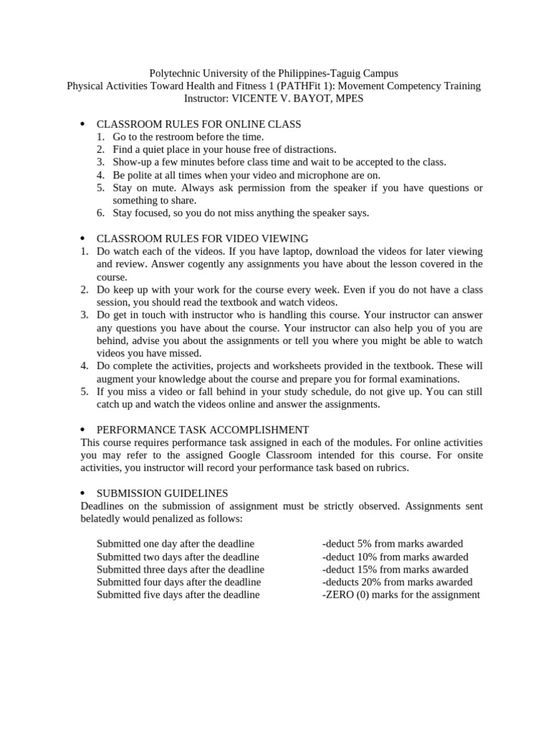 Pathfit 1 Online Class Guidelines Pdf Learning Behavior Modification