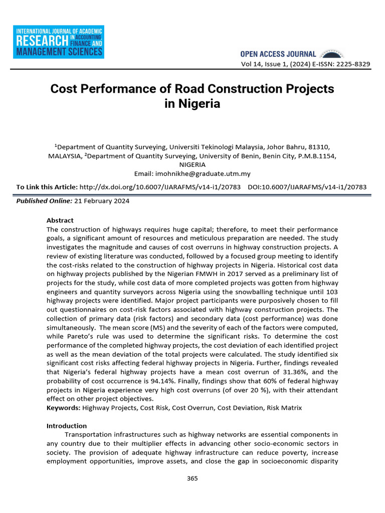 Cost Performace of Road Construction Projects in Nigeria | PDF | Risk ...