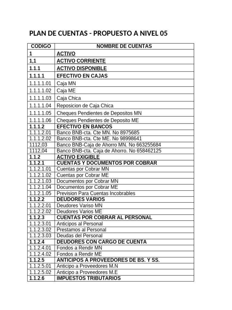 Plan de Cuentas Propuesto a Nivel 05 | PDF | Activo fijo | Bancos