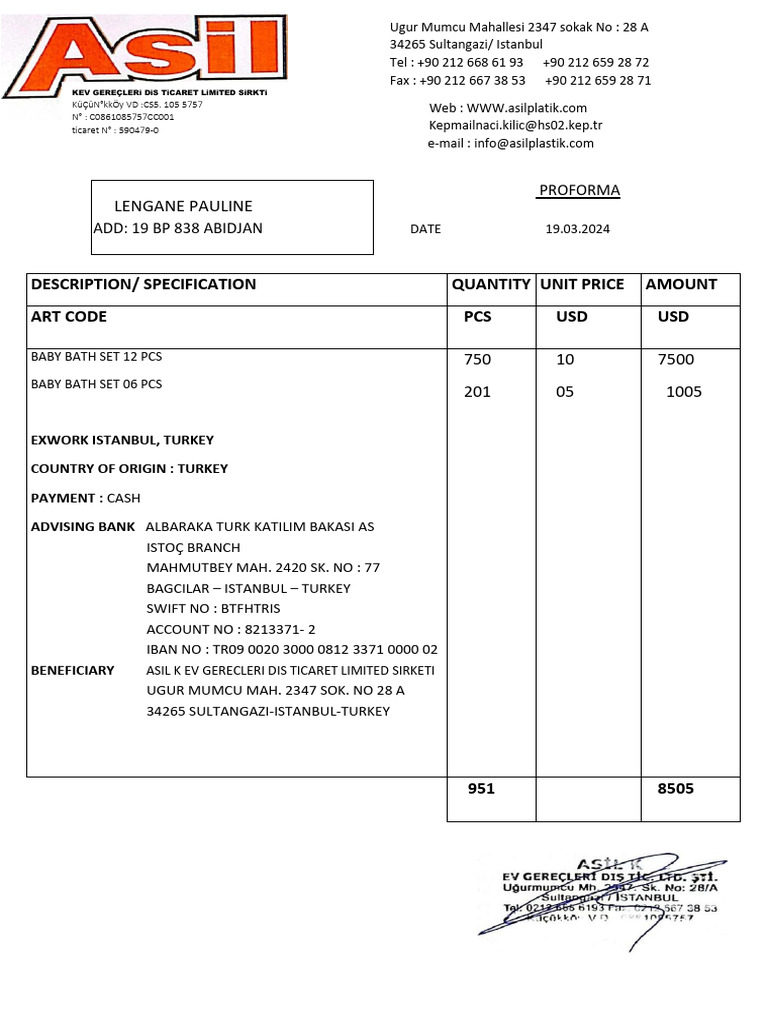 Proforma Invoice for Baby Bath Sets | PDF