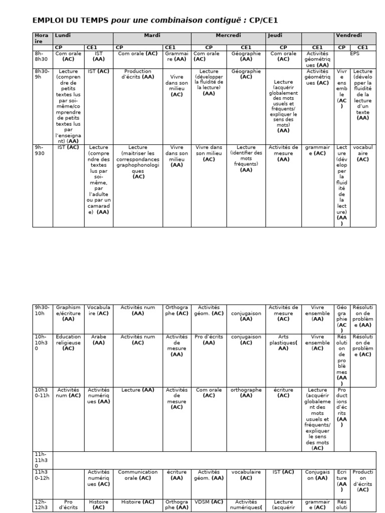 Emploi du temps CP/CE1 contigu | PDF | Linguistique