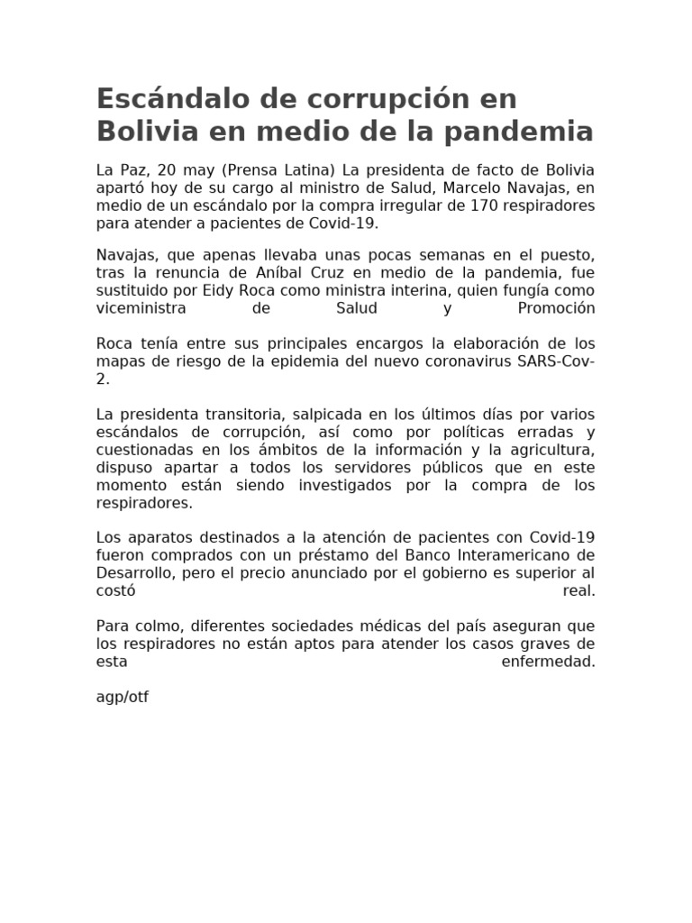 Escándalo de Corrupción en Bolivia en Medio de La Pandemia | PDF ...