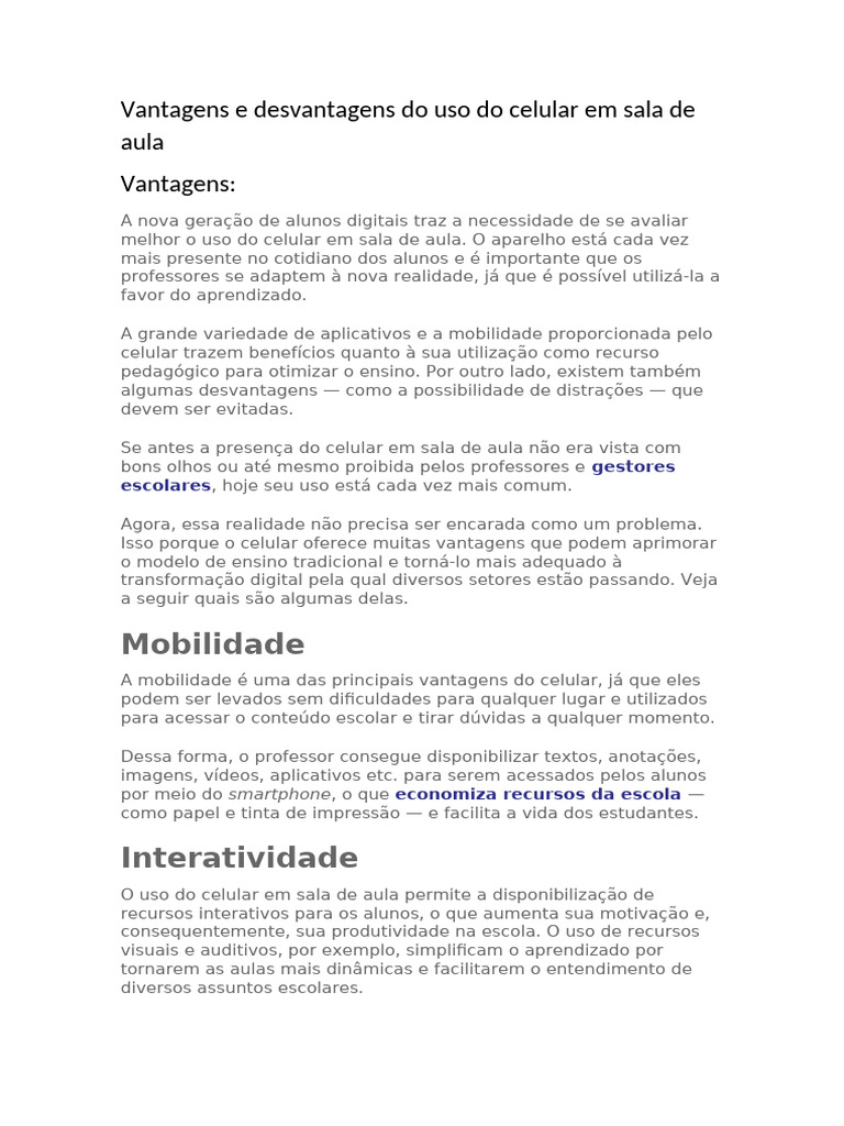 Vantagens e Desvantagens do Celular na Aula | PDF | Celulares | Lição