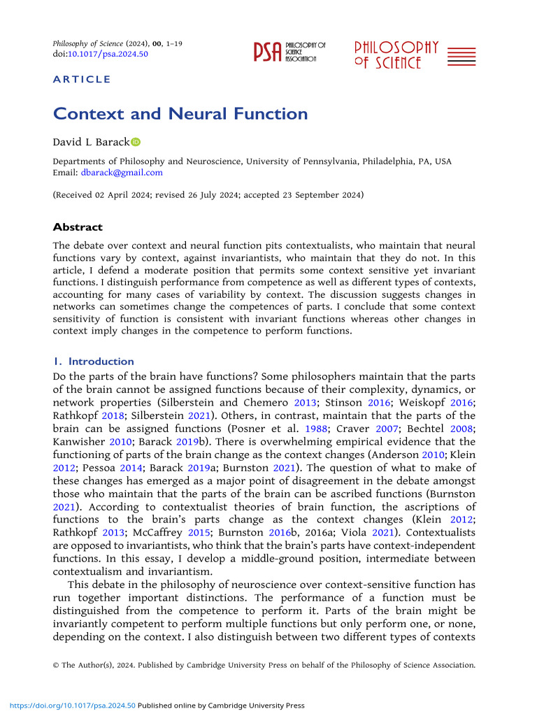 Context and Neural Function | PDF | Neuroscience | Cognitive Science
