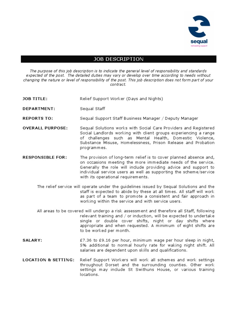 Relief Support Worker Job Description | PDF | Salary | Competence ...
