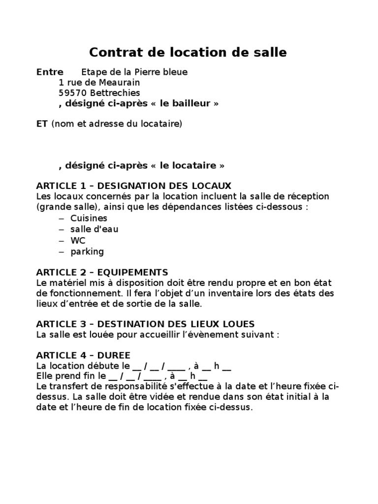 Contrat Location Salle PDF Chèque Cautionnement